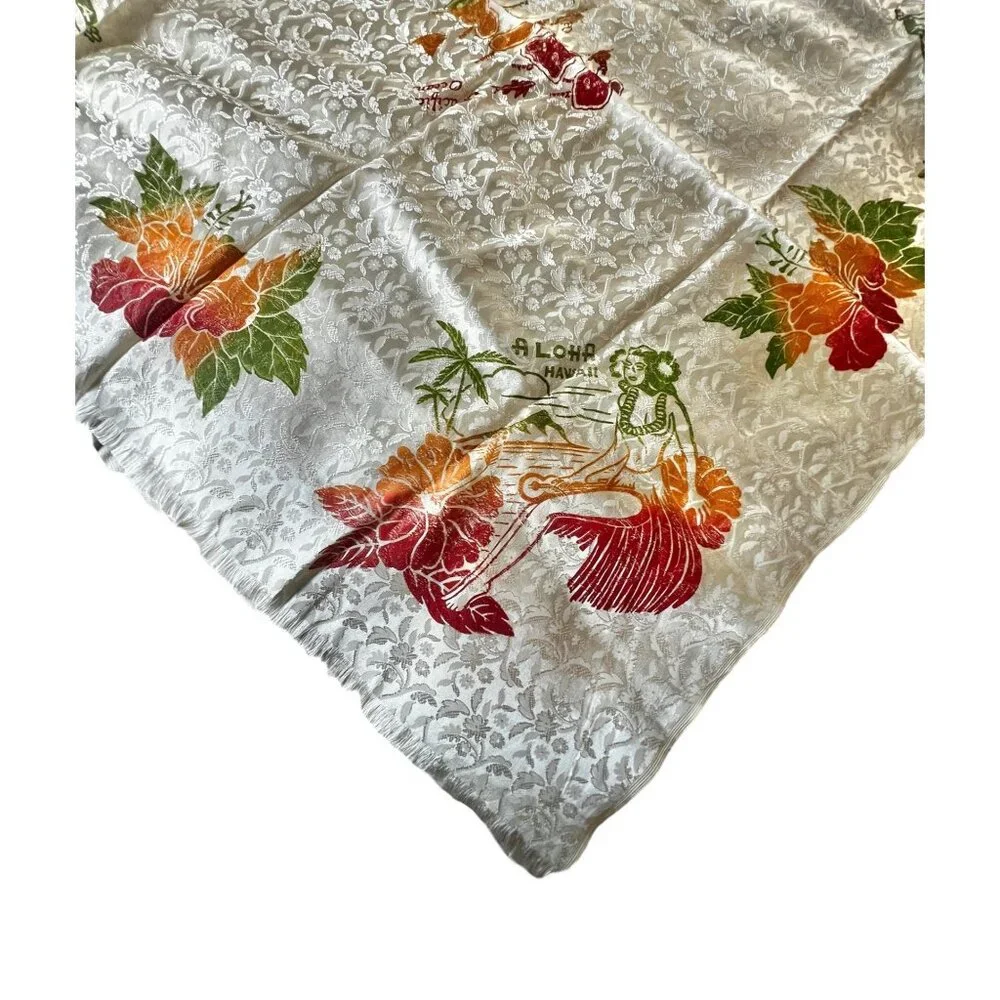 Vintage Hawaiian Tablecloth & Napkins Set Hula Girl Hibiscus Design 47x47 12